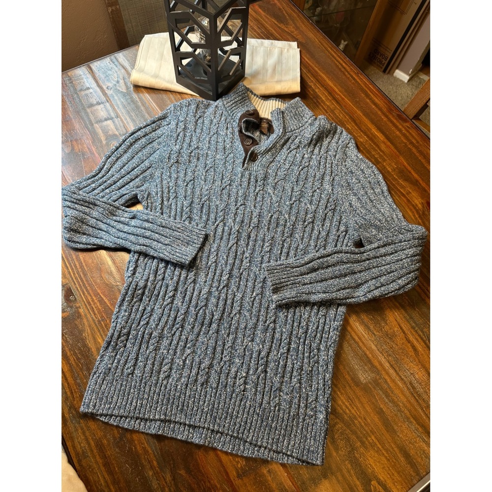 Tasso Elba Mens Blue Marled Cable Knit Mock Neck Button‎ Cotton Sweater Large